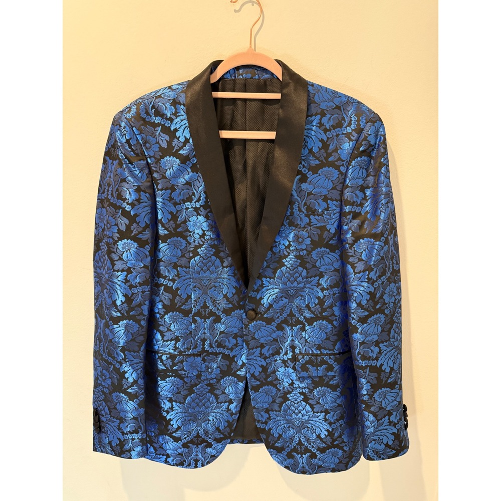 Kilburne & Finch Blue Floral Damask Jacquard Shawl Lapel Tuxedo Jacket 38L